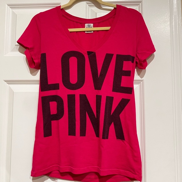 Victoria’s Secret PINK Hot Pink V Neck Tee Shirt - Picture 2 of 2